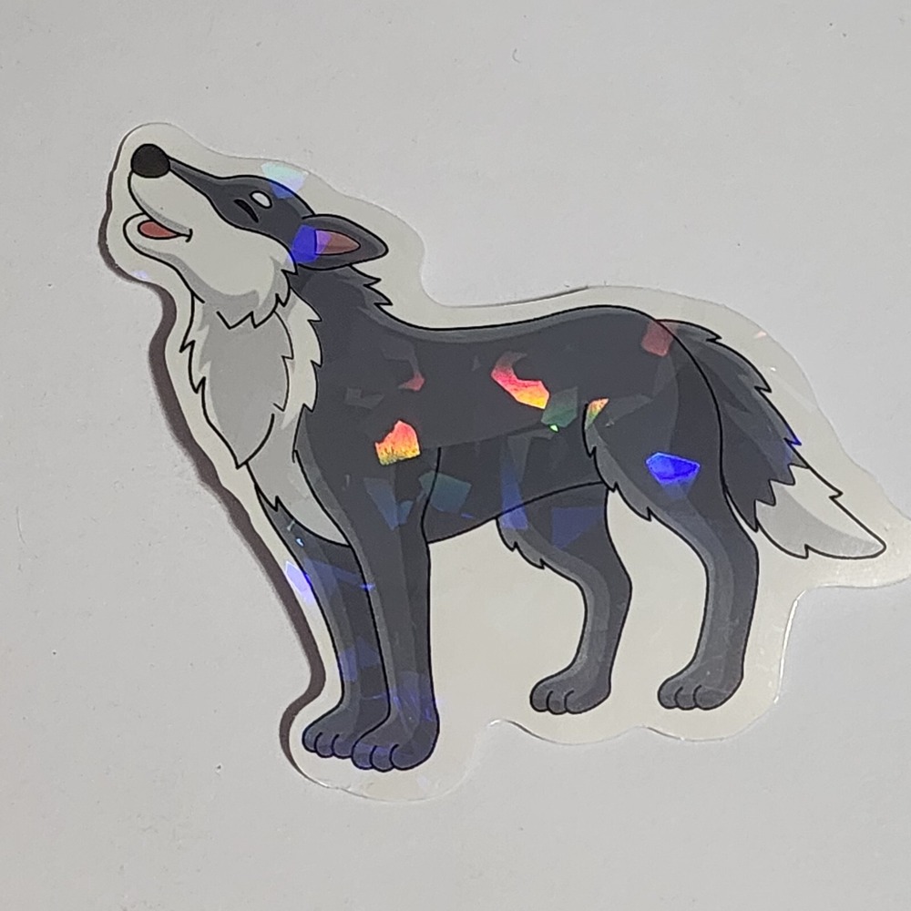 Howling Wolf Cartoon Sticker Decal Gray White Holographic Shiny 3 Inch New
